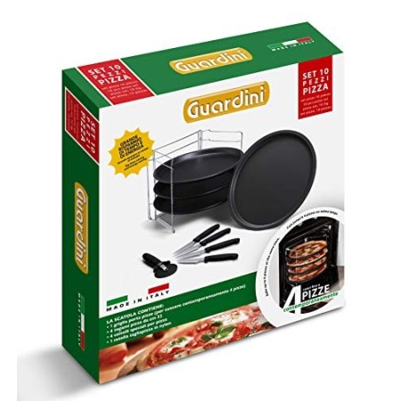 Guardini Scatola regalo 10 pezzi pizza: 1 Griglia porta tegami+4 Tegami pizza Ø32cm+4 Coltelli+1Rotella, Acciaio con rivestimen