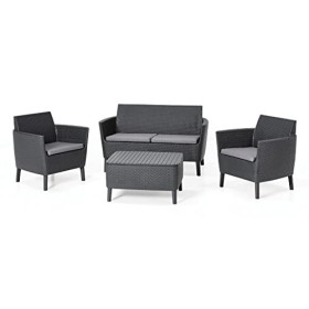 Keter Salemo Lounge Set, Set Mobili da Giardino in Rattan con Divano 2 Posti 2 Poltrone e Tavolino Porta Cuscini, Grafite