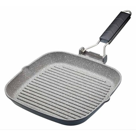 MasterClass Piastra Grill Antiaderente Adatta per Induzione con Manico Pieghevole, 24 cm (9.5''), Alluminio, Nero
