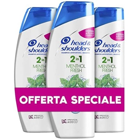 Head & Shoulders Menthol Fresh 2In1 Shampoo e Balsamo Antiforfora Rinfrescante, 3 x 540