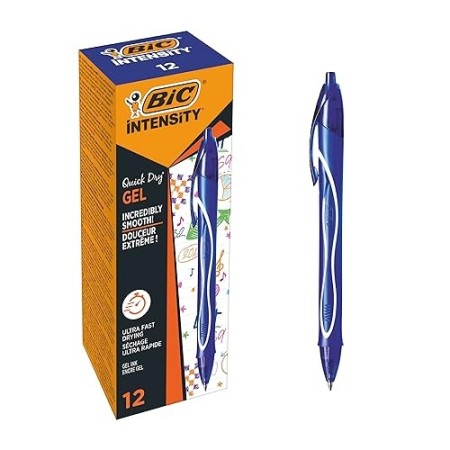 BIC Penne Gel, Gel-ocity Quick Dry, Colore Blu, Punta Media (0.7 mm), Scatola da 12, Inchiostro Scorrevole, Asciugatura Rapida