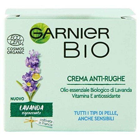 Garnier Bio Crema Viso Anti-Rughe Naturale Bio Lavanda Rigenerante, Crema Viso Anti-Età Anti-Rughe, Formula alla Lavanda, 50 ml