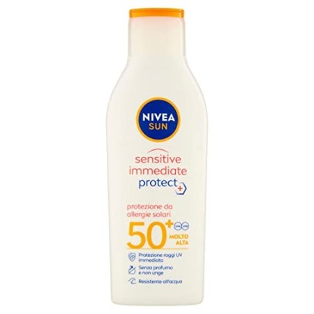 NIVEA SUN Crema Solare Sensitive Immediate Protect FP50+ in Flacone da 200 ml, Latte Solare con Aloe Vera e Antiossidanti, Prote