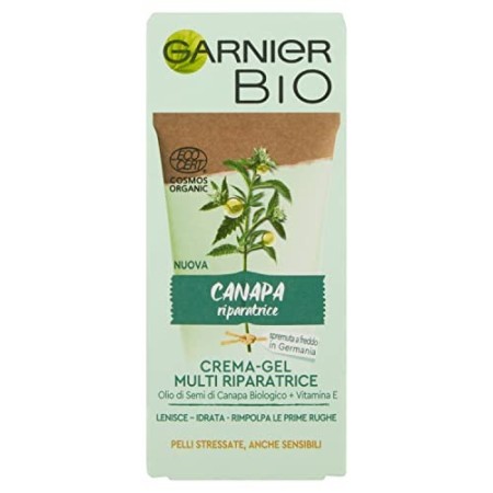 Garnier Crema Viso Bio, Crema-Gel Multi Riparatrice con Olio di Semi di Canapa Biologico e Vitamina E, per Pelli Stressate, Anch