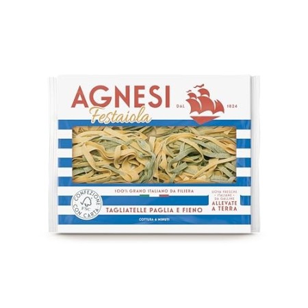 Agnesi Tagliatelle all’uovo paglia e fieno | Pasta all’uovo Festaiola | Confezione compostabile da 250 grammi