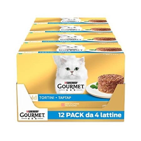 Purina Gourmet Gold Umido Gatto Tortini con Salmone, per gatti adulti, con Tonno, 48 Lattine da 85 g Ciascuna, 12 Confezioni da 