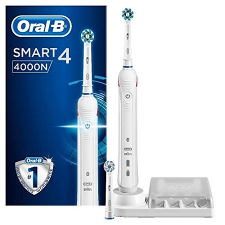 Oral-B Smart 4 4000N Spazzolino Elettrico Ricaricabile , 1 Spazzolino Nero Connesso con Bluetooth, 2 Testine di Ricambio, 1 Cust
