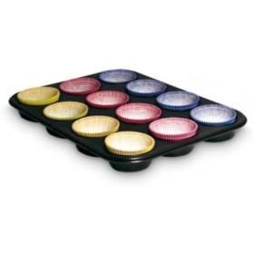 Guardini Gardenia, Stampo 12 muffins+60pirottini in carta, Acciaio con rivestimento antiaderente, Colore nero