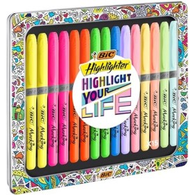 BIC Evidenziatori a Penna, Highlighter Grip Collection Box, Colori Assortiti Intensi e Pastello, Cofanetto Regalo in Metallo da 
