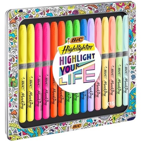 BIC Evidenziatori a Penna, Highlighter Grip Collection Box, Colori Assortiti Intensi e Pastello, Cofanetto Regalo in Metallo da 
